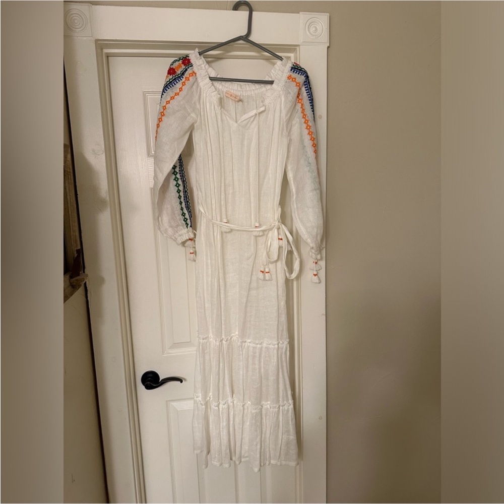 Tory Burch White Dress with Colorful Embroidered Sleeves